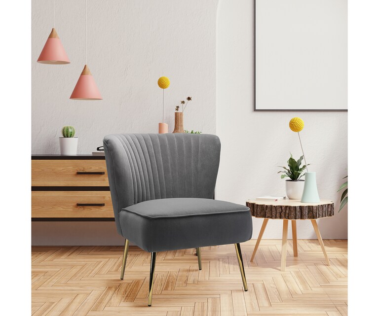 LeatherOn Cleo Velvet Fabric Accent Chair in Grey Colour