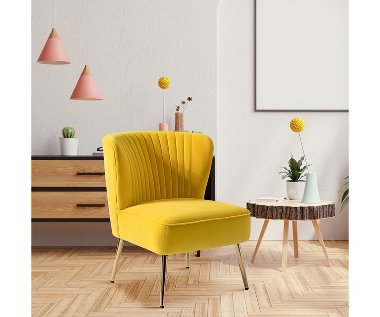 LeatherOn Cleo Velvet Fabric Accent Chair in Yellow Colour