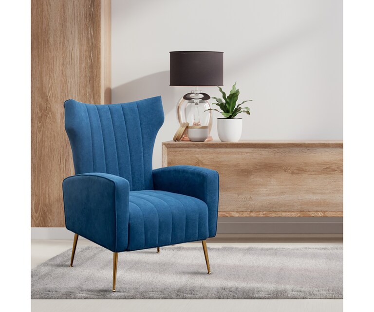 LeatherOn Adona Velvet Fabric Accent Chair in Blue Colour