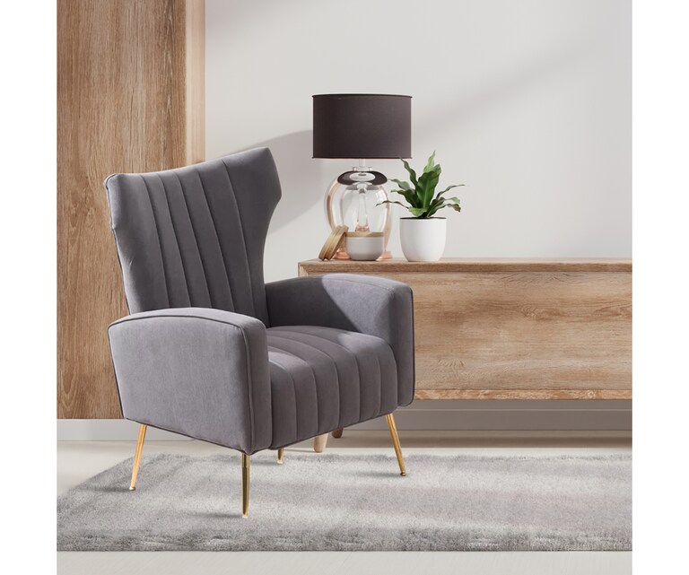 LeatherOn Adona Velvet Fabric Accent Chair in Grey Colour