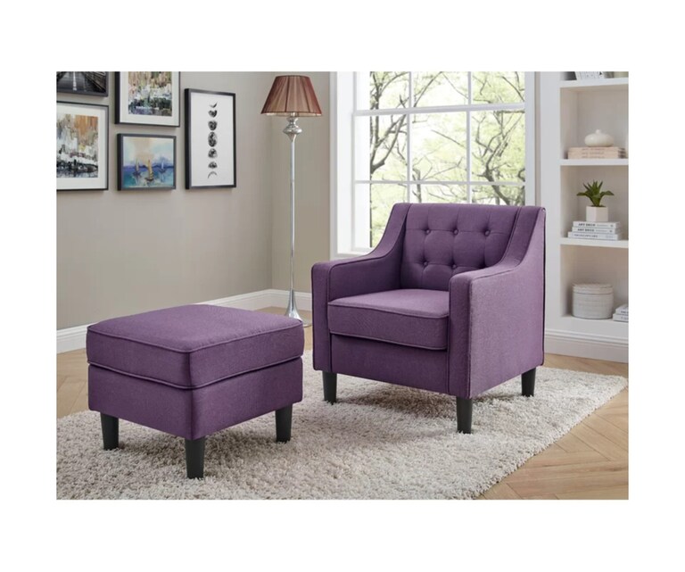 LeatherOn Pearson Velvet Fabric Wing Chair with Ottoman in Purple Colour