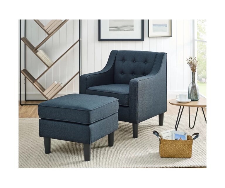 LeatherOn Pearson Velvet Fabric Wing Chair with Ottoman in Dark Grey Colour