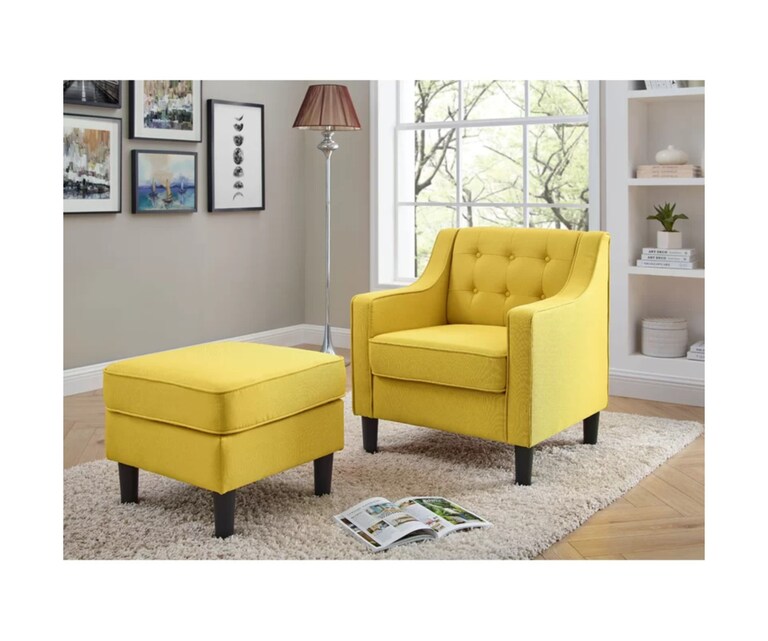 LeatherOn Pearson Velvet Fabric Wing Chair with Ottoman in Yellow Colour