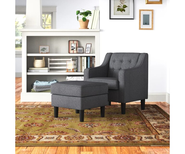 LeatherOn Pearson Velvet Fabric Wing Chair with Ottoman in Grey Colour