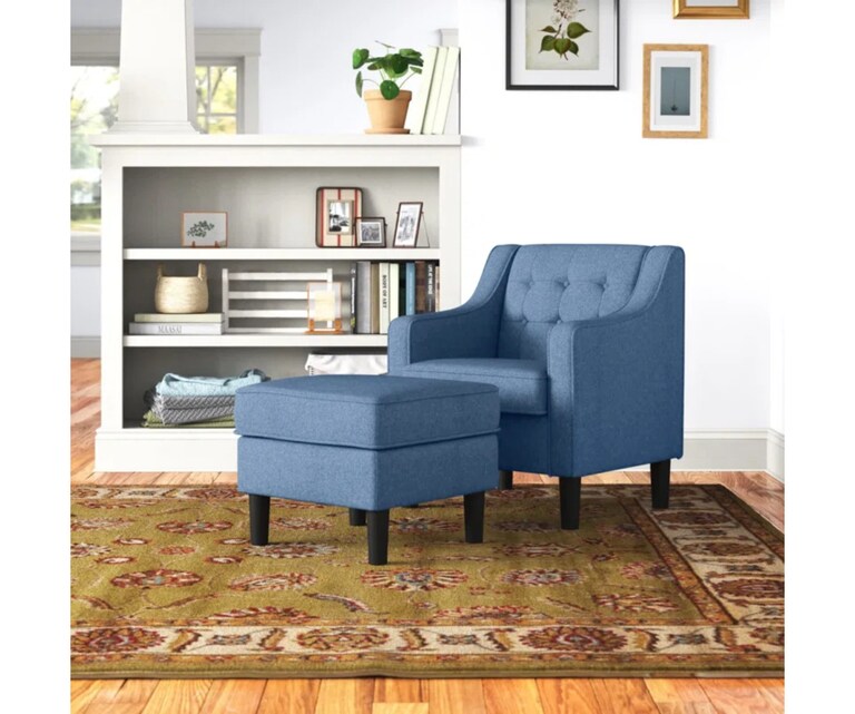 LeatherOn Pearson Velvet Fabric Wing Chair with Ottoman in Navy Blue Colour