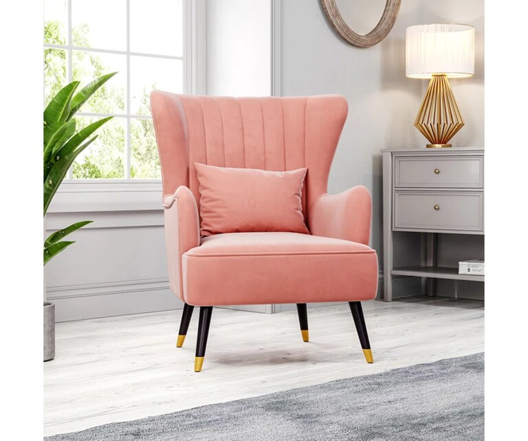 LeatherOn Azriela Velvet Fabric Wing Chair in Pink Colour