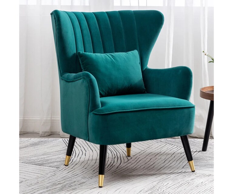 LeatherOn Azriela Velvet Fabric Wing Chair in Teal Colour