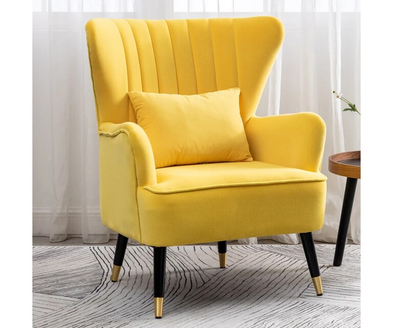 LeatherOn Azriela Velvet Fabric Wing Chair in Yellow Colour