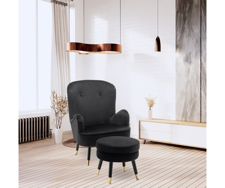 LeatherOn Epperly Velvet Fabric Lounge Chair with Ottoman in Black Colour