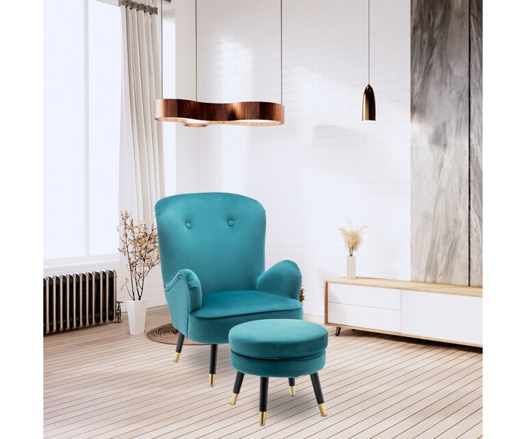 LeatherOn Epperly Velvet Fabric Lounge Chair with Ottoman in Teal Colour