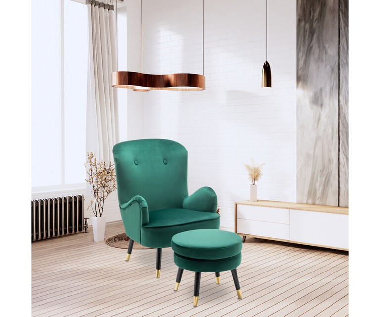 LeatherOn Epperly Velvet Fabric Lounge Chair with Ottoman in Green Colour