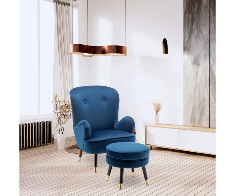 LeatherOn Epperly Velvet Fabric Lounge Chair with Ottoman in Blue Colour