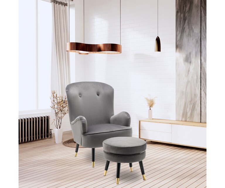 LeatherOn Epperly Velvet Fabric Lounge Chair with Ottoman in Grey Colour