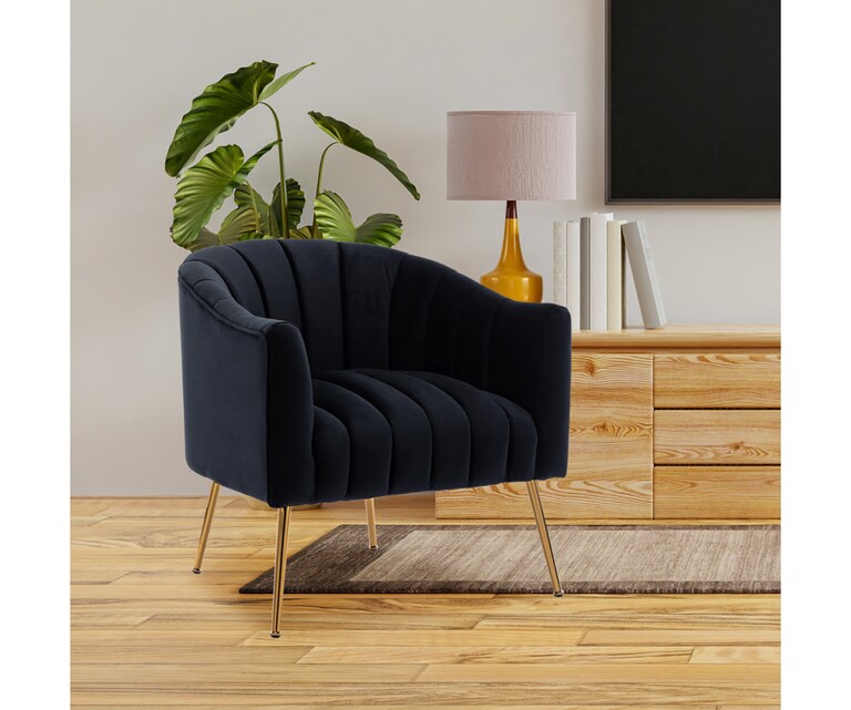 LeatherOn Kora Velvet Fabric Accent Chair in Black Colour