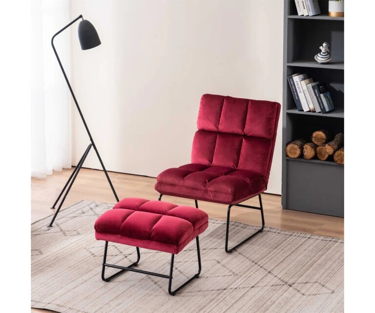 LeatherOn Hiltonia Velvet Fabric Accent Chair with Ottoman in Burgundy Colour