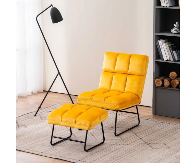 LeatherOn Hiltonia Velvet Fabric Accent Chair with Ottoman in Yellow Colour