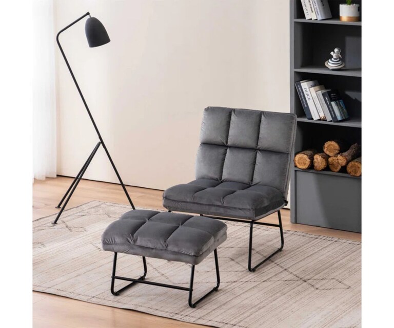 LeatherOn Hiltonia Velvet Fabric Accent Chair with Ottoman in Grey Colour
