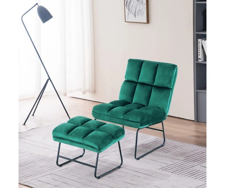 LeatherOn Hiltonia Velvet Fabric Accent Chair with Ottoman in Green Colour