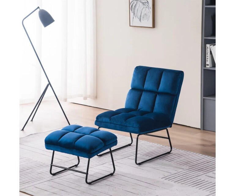 LeatherOn Hiltonia Velvet Fabric Accent Chair with Ottoman in Blue Colour