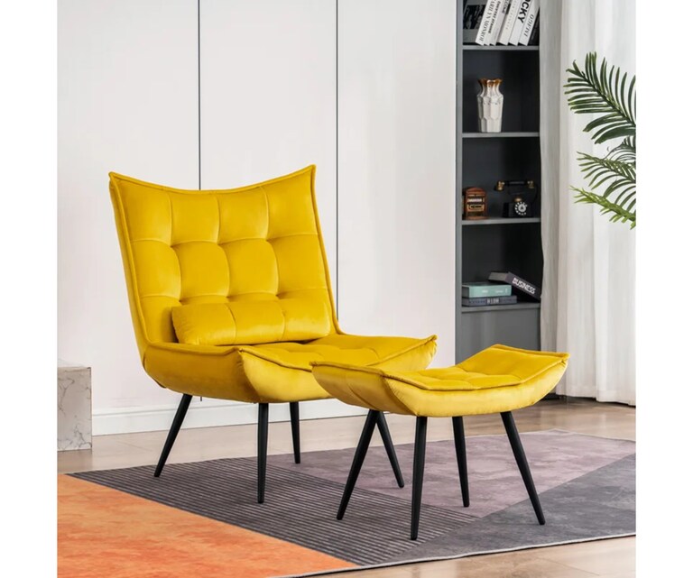 LeatherOn Elroy Velvet Fabric Accent Chair with Ottoman in Yellow Colour