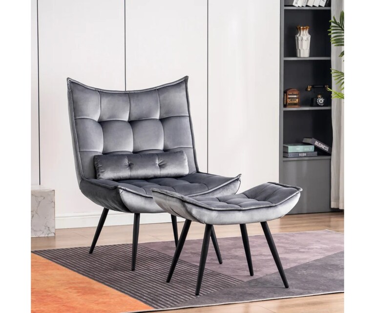 LeatherOn Elroy Velvet Fabric Accent Chair with Ottoman in Grey Colour