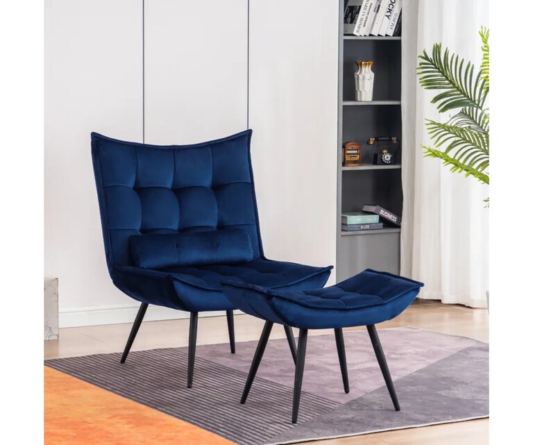 LeatherOn Elroy Velvet Fabric Accent Chair with Ottoman in Blue Colour