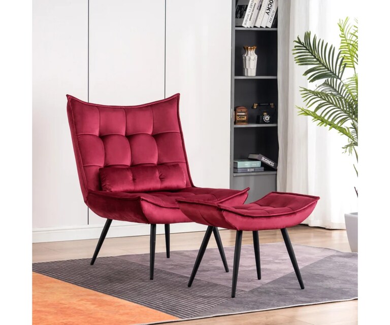 LeatherOn Elroy Velvet Fabric Accent Chair with Ottoman in Burgundy Colour