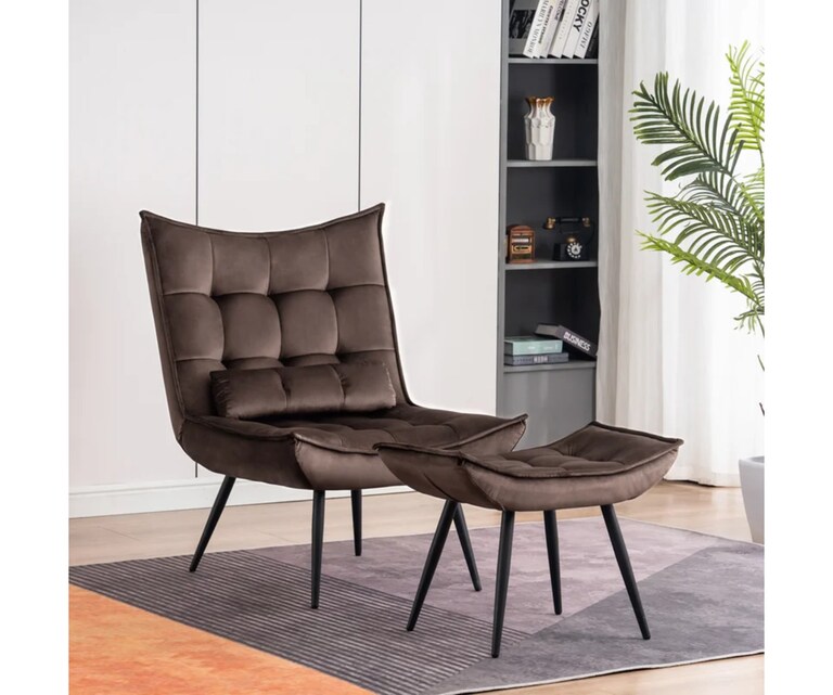 LeatherOn Elroy Velvet Fabric Accent Chair with Ottoman in Brown Colour