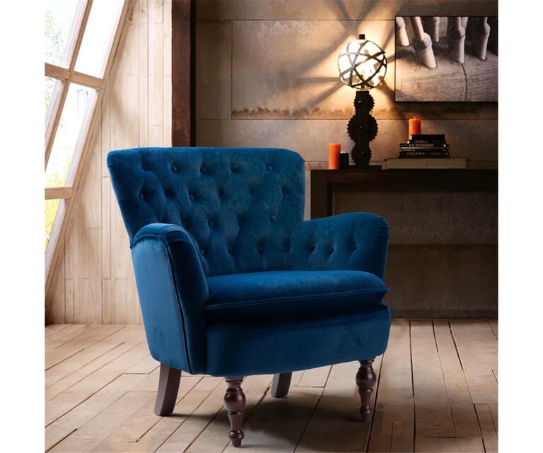 LeatherOn Myler Velvet Fabric Wing Chair in Blue Colour