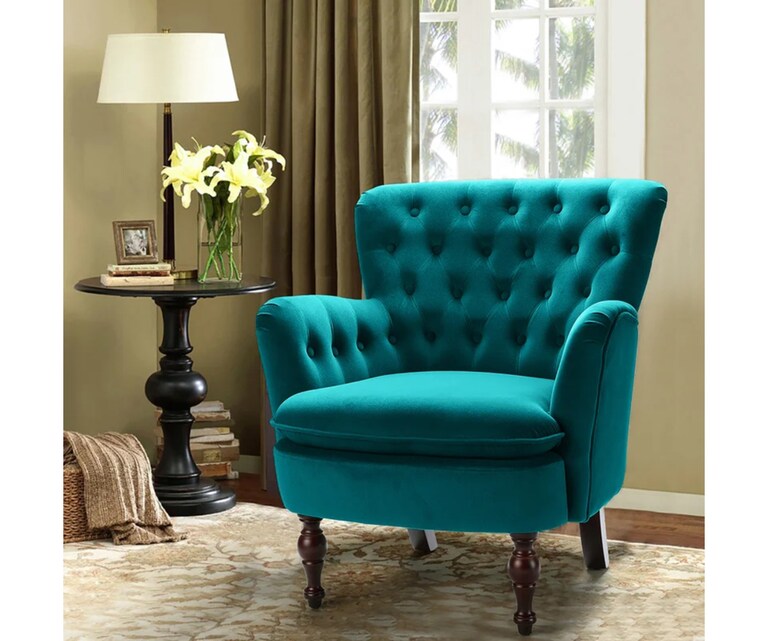 LeatherOn Myler Velvet Fabric Wing Chair in Teal Colour