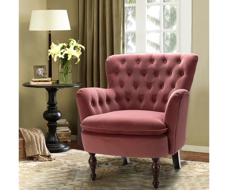 LeatherOn Myler Velvet Fabric Wing Chair in Pink Colour