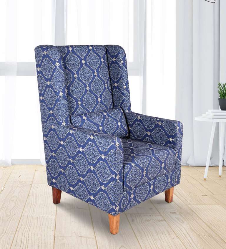 Decor Desk Alexa Pollycotton Fabric Long Back Wing Chair in Blue Colour