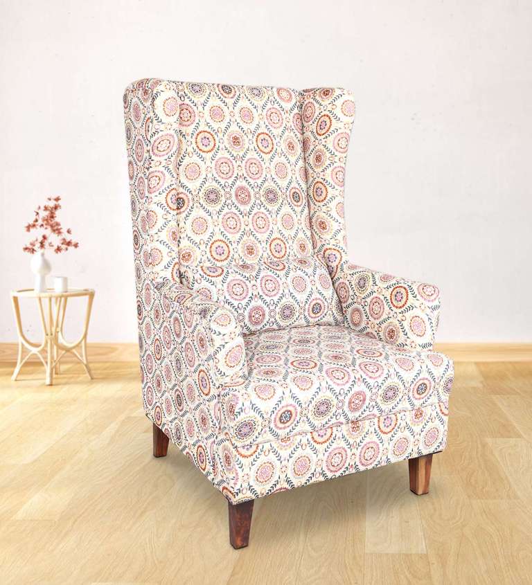 Decor Desk Matrix Linnen Cotton Fabric Long Back Wing Chair in Beige Colour