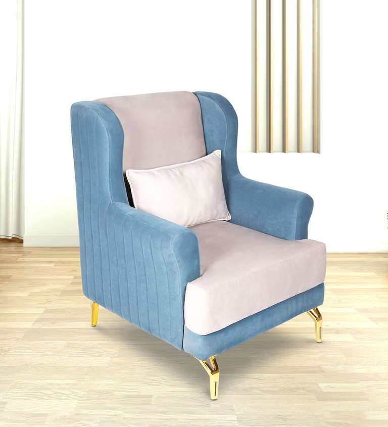 Decor Desk Parker Velvet Fabric Long Back Wing Chair in Blue & Grey Colour