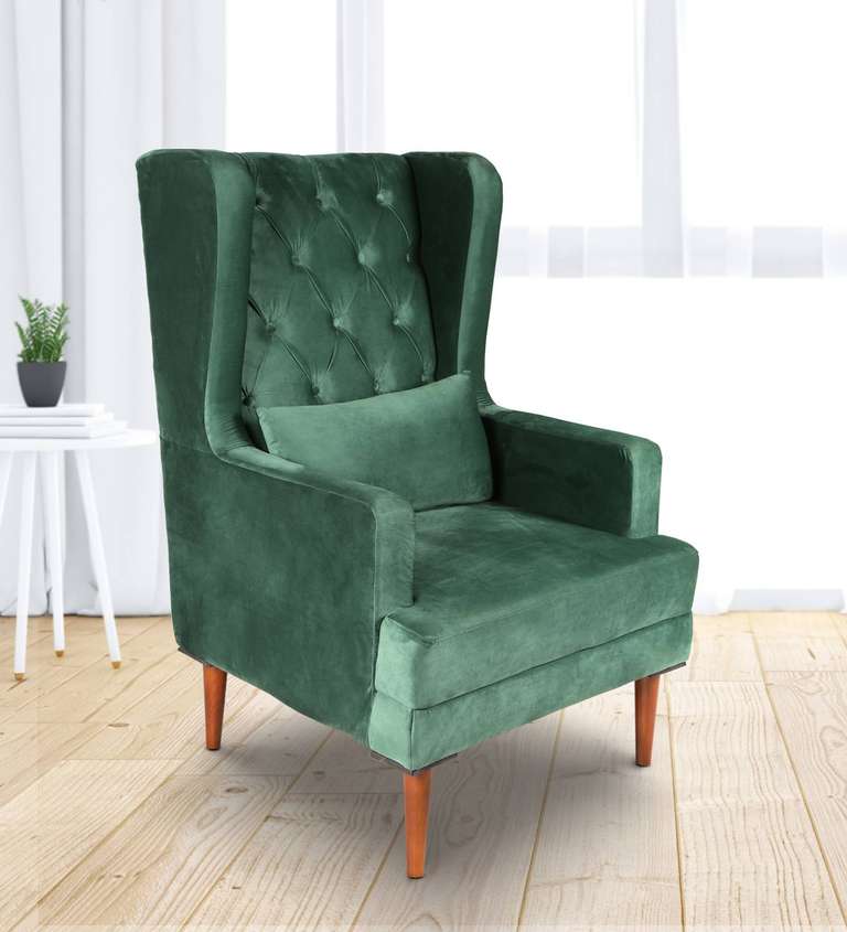 Decor Desk Tasot Velvet Fabric Long Back Wing Chair in Olive Colour