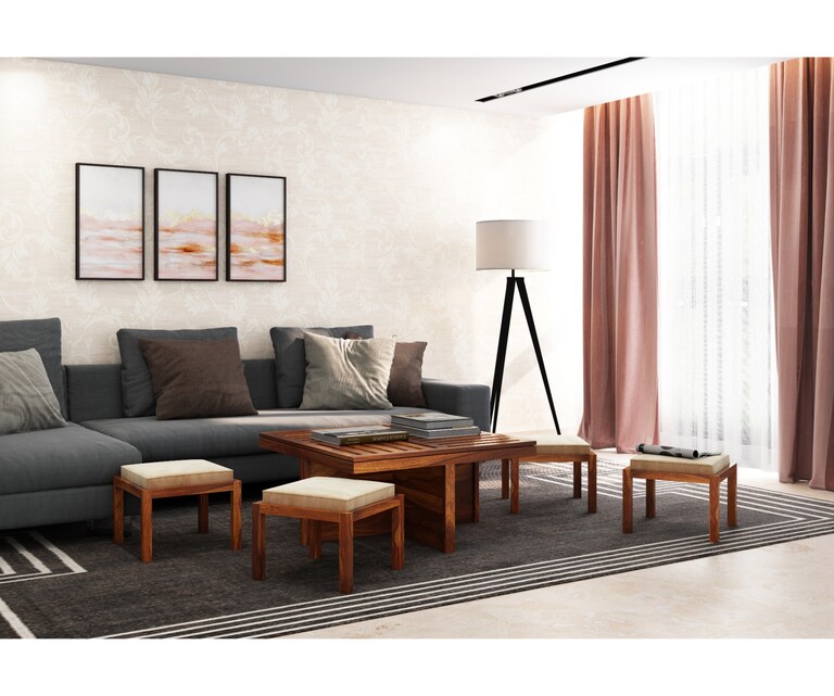 PlusOne Grande Square Sheesham Wood Coffee Table with 4 Stools in Teak Finish and Grey Colour