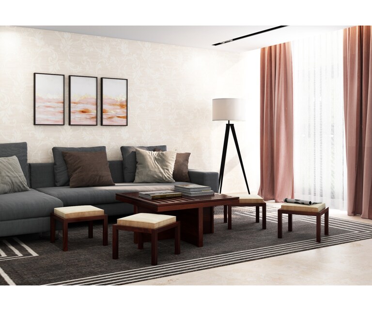 PlusOne Grande Square Sheesham Wood Coffee Table with 4 Stools in Walnut Finish and Grey Colour