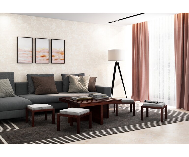 PlusOne Grande Square Sheesham Wood Coffee Table with 4 Stools in Walnut Finish and Beige Colour