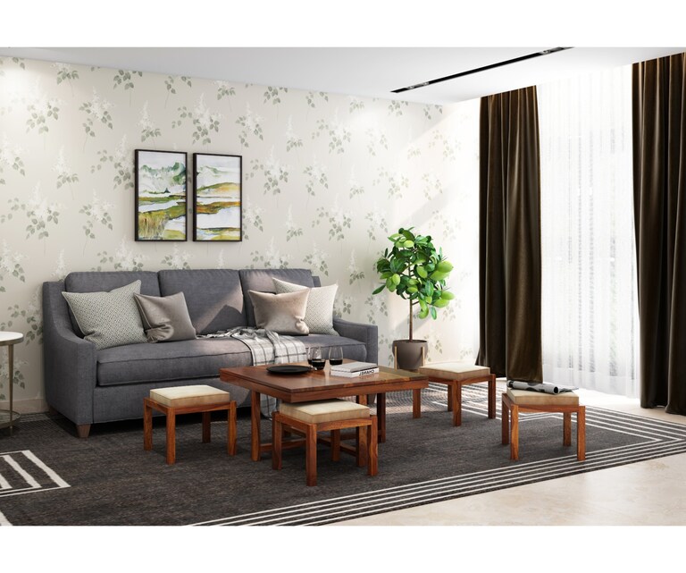 PlusOne Timor Square Sheesham Wood Coffee Table with 4 Stools in Teak Finish and Beige Colour