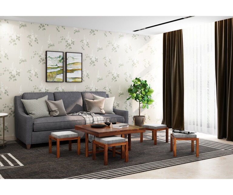 PlusOne Timor Square Sheesham Wood Coffee Table with 4 Stools in Teak Finish