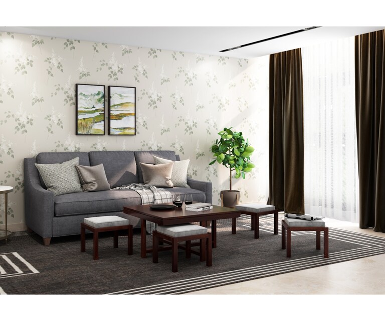 PlusOne Timor Square Sheesham Wood Coffee Table with 4 Stools in Walnut Finish