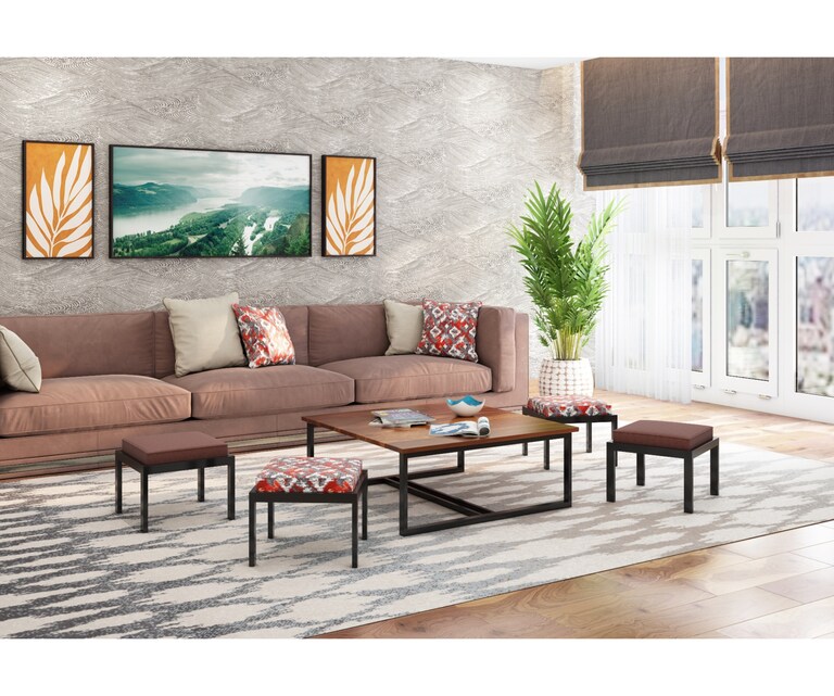 PlusOne Falon Square Sheesham Wood Coffee Table with 4 Stools in Teak Finish