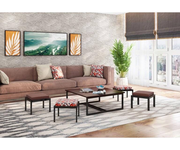 PlusOne Falon Square Sheesham Wood Coffee Table with 4 Stools in Walnut Finish