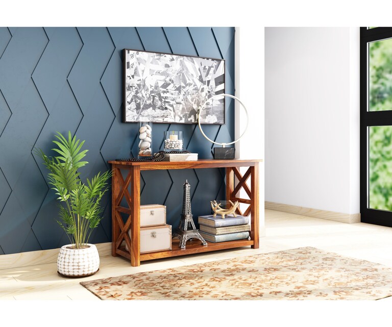PlusOne Bora Sheesham Wood Console Table in Teak Finish