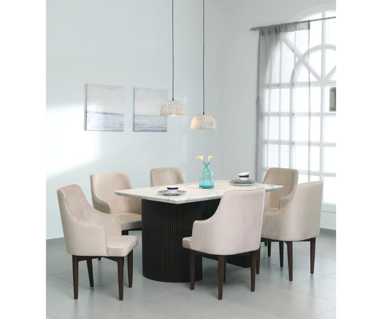 Crafted Marbles Fluted Marble Top 6 Seater Dining Set in Wooden Finish