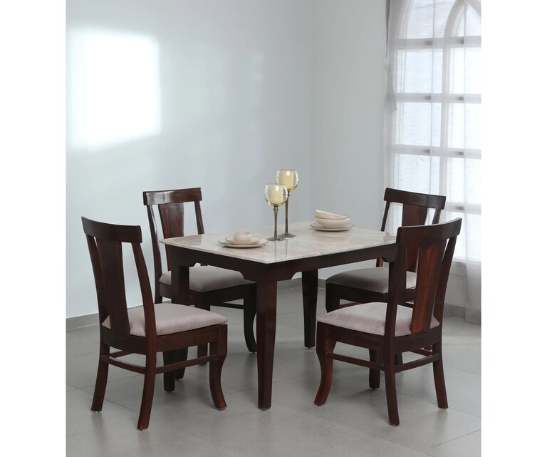 Crafted Marbles Plinto Marble Top 4 Seater Dining Set in Teak Wood Finish