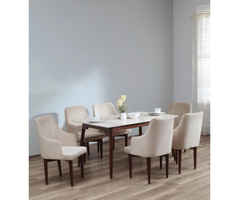 Crafted Marbles Abate Marble Top 6 Seater Dining Set in Teak Wood Finish