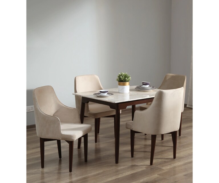 Crafted Marbles Abate Marble Top 4 Seater Dining Set in Teak Wood Finish