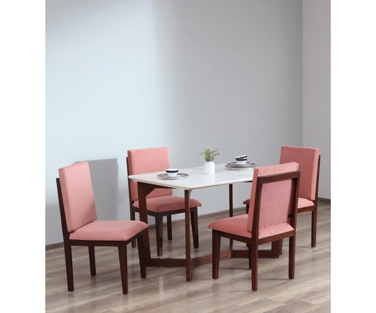 Crafted Marbles Lush Marble Top 4 Seater Dining Set in Teak Wood Finish