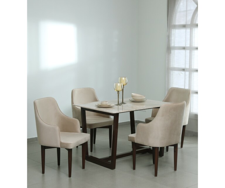 Crafted Marbles Dyna Marble Top 4 Seater Dining Set in Natural Teak Finish